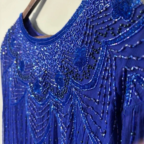 Vintage 80s 100% Silk Beaded Sequin Top Women 26 Long Sleeve Party Cocktail VTG - Picture 5 of 15